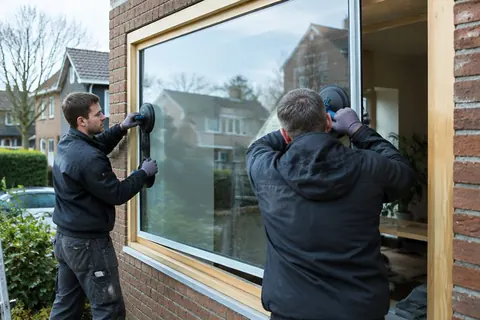 Two glaziers fitting a large window pane
