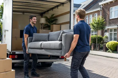 Two movers carrying a sofa to a moving van